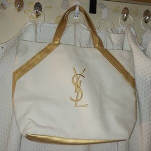 Yves Saint Laurent Parfums Cream and Gold Tote Bag